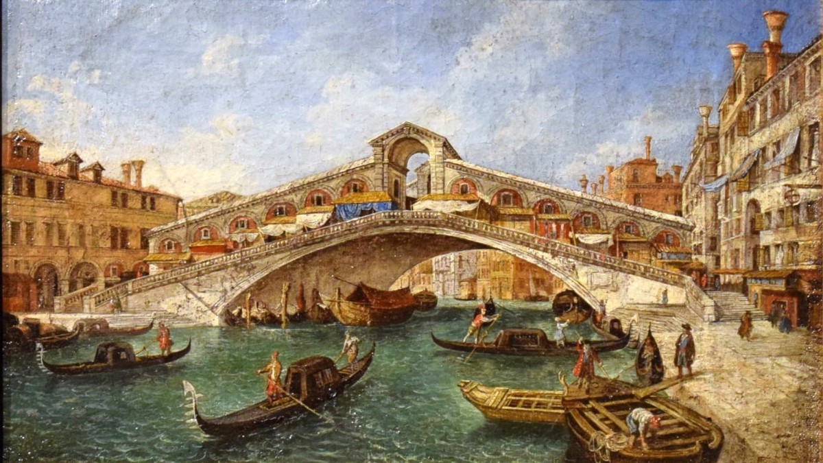Rialto Bridge Over the Grand Canal at Sunset, Venice, Italy. it is a