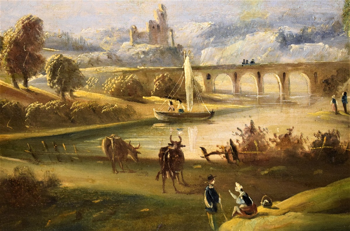 River landscape with bridge and ruins - Roman school of the 18th ...