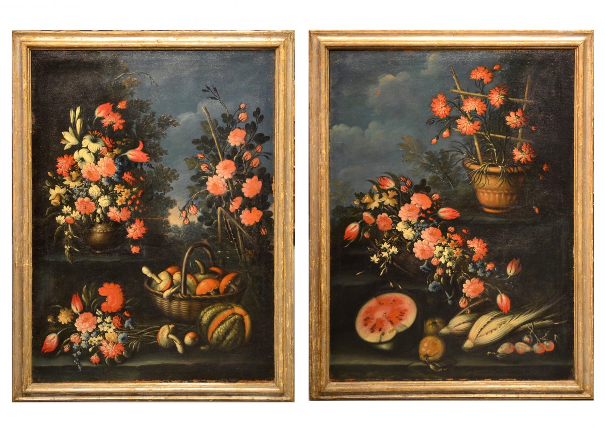 Francesco Lavagna (1684 , 1724) , Paire de natures mortes de fleurs dans un