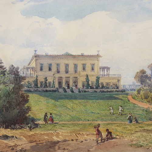 HUOT Eugène Georges (actif vers 1870) - Vue du palais de Leuchtenberg à Péterhof Russie - Tableaux et dessins Style Napoléon III