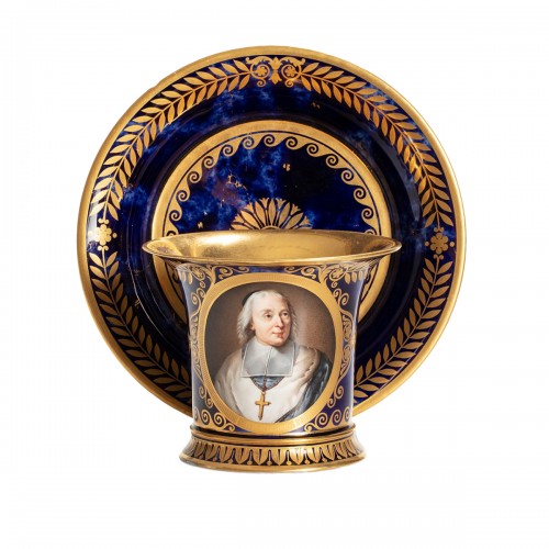 Sevres porcelain cup and saucer with the portrait of Abbot Bossuet