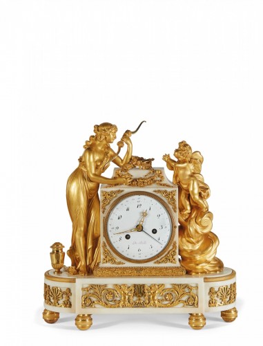 A Louis XVI gilt-bronze mounted white marble mantel clock 18th c. - 