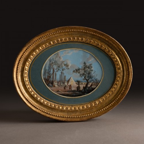 Italie, vers 1790 - ruines romaines, genre du Grand Tour et cadre d'époque Louis XVI - Tableaux et dessins Style Louis XVI