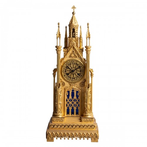 Grande pendule cathédrale, troubadour en bronze finement doré vers 1830 - Weibel à Lyon
