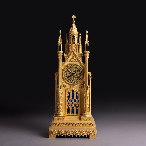 Large Cathedral Clock, Troubadour In Finely Gilded Bronze - Circa 1830 Weibel In Lyon - Horology Style Restauration - Charles X