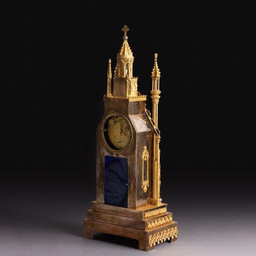 Large Cathedral Clock, Troubadour In Finely Gilded Bronze - Circa 1830 Weibel In Lyon - Restauration - Charles X