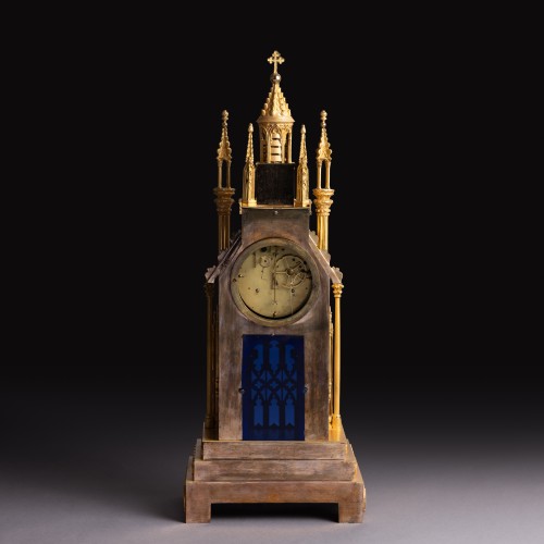 Restauration - Charles X - Large Cathedral Clock, Troubadour In Finely Gilded Bronze - Circa 1830 Weibel In Lyon