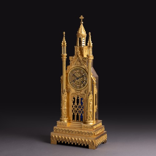 Antiquités - Large Cathedral Clock, Troubadour In Finely Gilded Bronze - Circa 1830 Weibel In Lyon