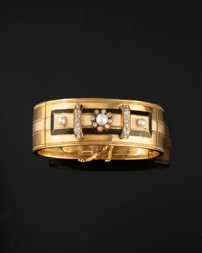 Bracelet In Gold, Pearls, Diamonds And Napoleon III Enamel - 