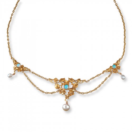 Collier Art-Nouveau en or, opales et perles