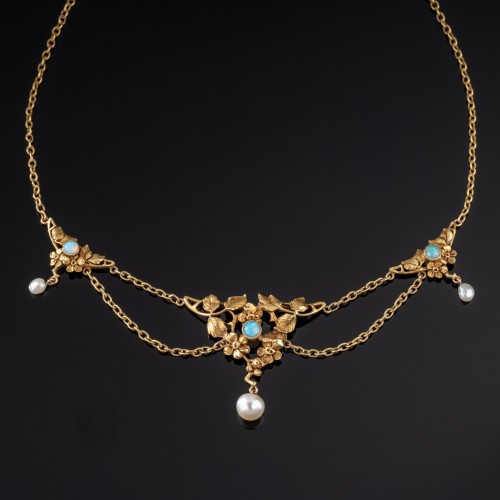 Collier Art-Nouveau en or, opales et perles - Bijouterie, Joaillerie Style Art nouveau