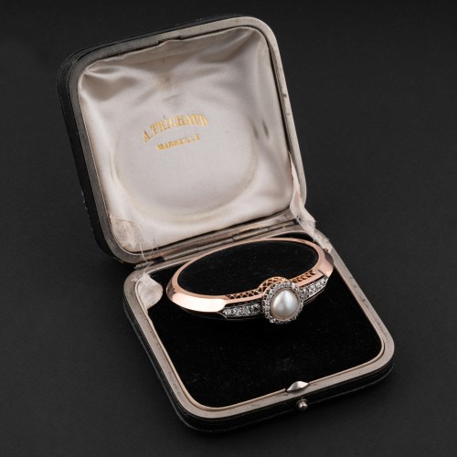 Bijouterie, Joaillerie Bracelet - Bracelet jonc en or rose et diamants serti d'une importante perle fine