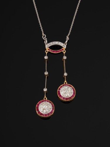 20th century - Néglige Necklace In Gold, Platinum, Diamonds And Rubies