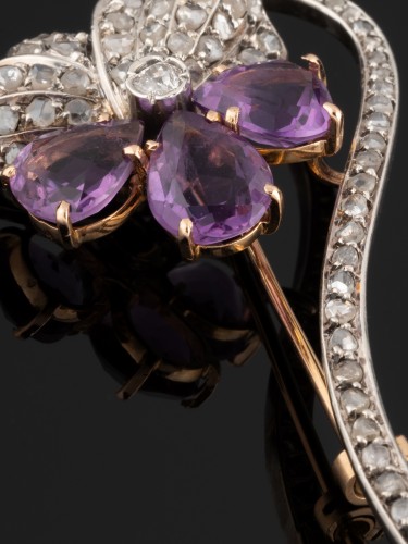 Pansy Brooch In Gold, Silver, Diamonds And Amethysts - Antique Jewellery Style Napoléon III