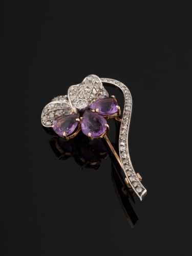 Bijouterie, Joaillerie Broche - Broche Pensée en or, argent, diamants et améthystes