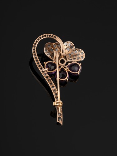 XIXe siècle - Broche Pensée en or, argent, diamants et améthystes