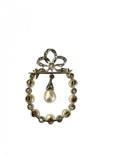 Broche "Belle Epoque" ornée de diamants et de perles fines - Bijouterie, Joaillerie Style Art nouveau