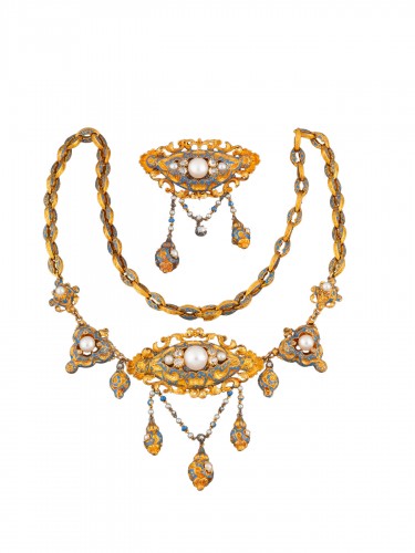 Parure en or, émail, perles et diamants d'époque Louis Philippe