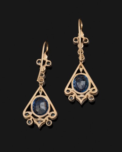 Pair Of Earrings In Gold, Silver, Sapphires And Diamonds  - Antique Jewellery Style Art nouveau