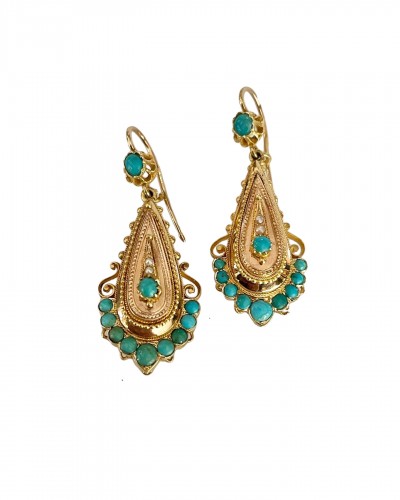 Pendants d' oreilles en or, turquoises et perles fines vers 1840