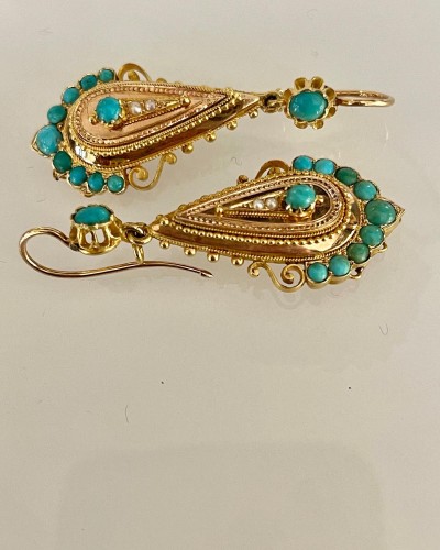 Pendants d' oreilles en or, turquoises et perles fines vers 1840 - Bijouterie, Joaillerie Style Louis-Philippe