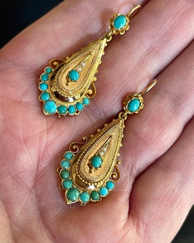 Pendants d' oreilles en or, turquoises et perles fines vers 1840 - SeblAntic