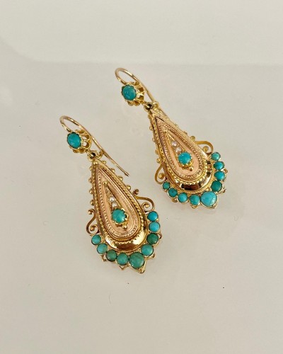 XIXe siècle - Pendants d' oreilles en or, turquoises et perles fines vers 1840