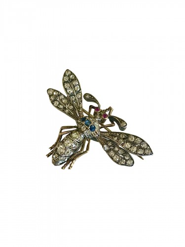 Broche Abeille fin 19e en or, argent, diamants, rubis et saphirs