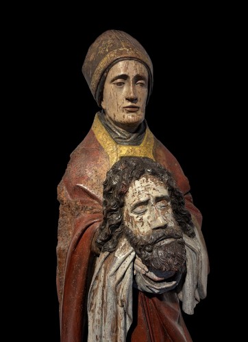 Sculpture Sculpture en Bois - Saint Cuthbert tenant la tête de saint Oswald, France XVe siècle
