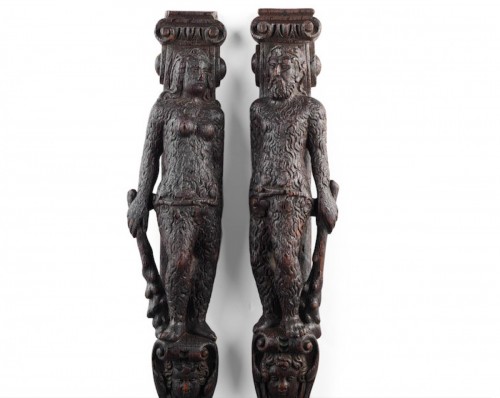 Pair of ‘Wild Man & Wild Woman’, oak, late 16th century German or Flemish