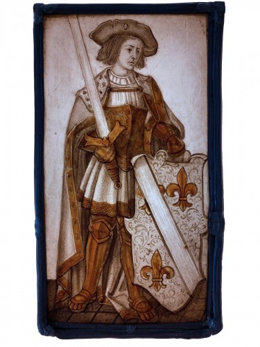 Stained Glass Armorial Panel with Harnessed Knight (France, 16th century)