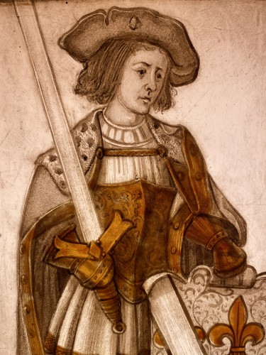 Chevalier avec Panneau Héraldique en Grisaille et Jaune d’Argent, France XVIe siècle - Objets de Curiosité Style Renaissance