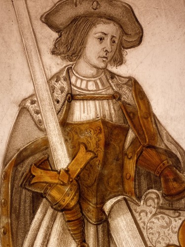 XVIe siècle et avant - Chevalier avec Panneau Héraldique en Grisaille et Jaune d’Argent, France XVIe siècle