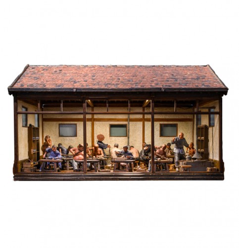 Scaled model of Chinese workshop with 17 polychromed terracotta  figures.