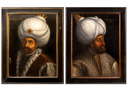 Deux portraits du 16e siècle des Sultans Mourad III et Isa Celebi, école vénitienne