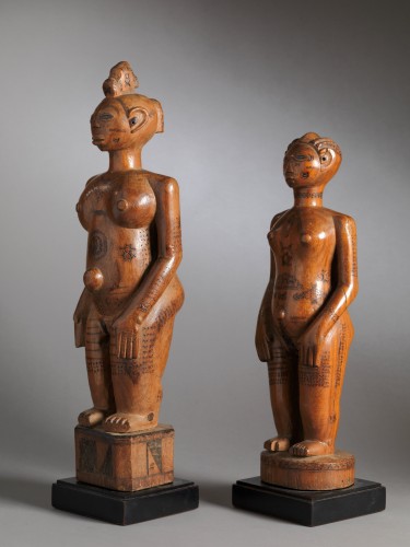 Couple Wooden Ancestors Sculptures with Scarifications, Zela People DRC - Tribal Art Style 
