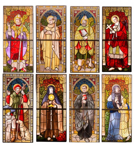 Eight Neo-Gothic Stained Glass Windows with Suspension Eyelet, 19th C Belg