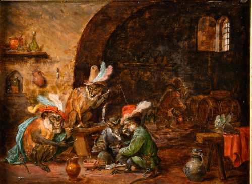 Pipe smoking Monkeys in the Tavern, attributed to Zacharie Noterman, 19th C
