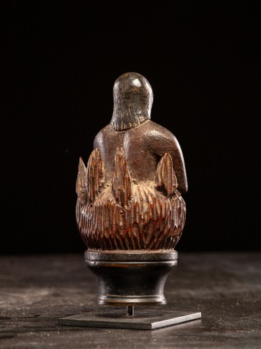 Wooden folkart figure,depicting stylized feminine soul burning in Purgatory - 