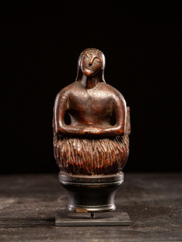 19th century - Wooden folkart figure,depicting stylized feminine soul burning in Purgatory