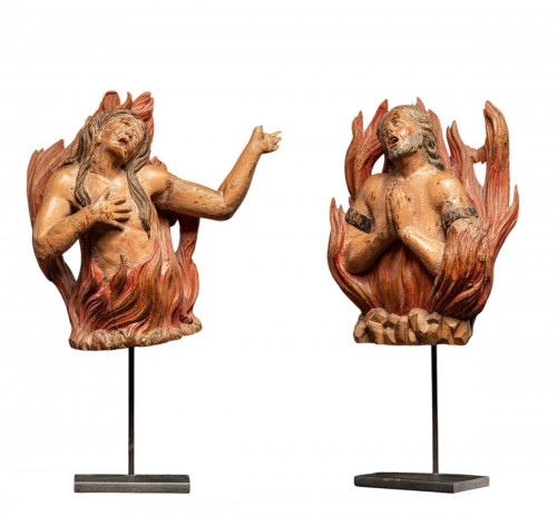 Pair of Oak carved Souls in Purgatory, male and female, 17th C