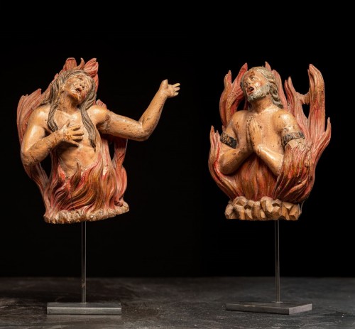 17th century - Pair of Oak carved Souls in Purgatory, male and female, 17th C
