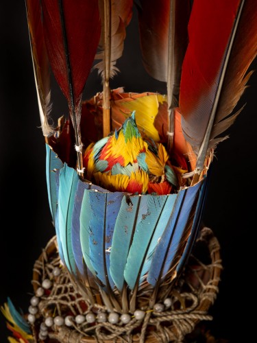 Tribal Art  -  Three Amazonian Ceremonial Feather Headdresses with Ritual Neck Ornaments
