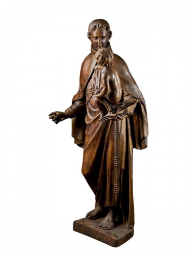 Statue en bois grandeur nature du XVIIe siècle représentant saint Antoine portant l'Enfant Jésus