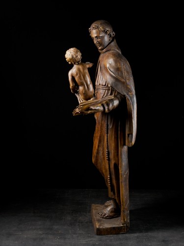 Statue en bois grandeur nature du XVIIe siècle représentant saint Antoine portant l'Enfant Jésus - Art sacré, objets religieux Style 