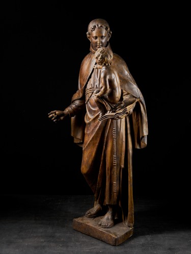 Art sacré, objets religieux  - Statue en bois grandeur nature du XVIIe siècle représentant saint Antoine portant l'Enfant Jésus