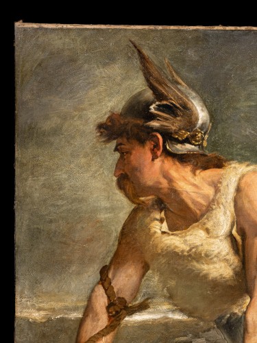 Tableaux et dessins Tableaux XIXe siècle - Portrait du XIXe siècle d’un chef guerrier germanique portant un casque ailé