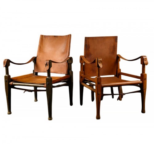 Deux fauteuils Safari vintage danois en cuir fauve par Kaare Klint