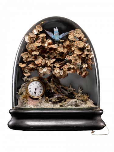 Automate musical de Blaise Bontems-oiseaux chanteurs et horloge, sous globe