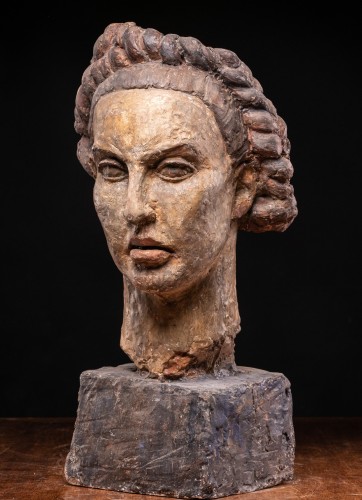 Étude de tête féminine polychrome provenant de l’atelier de Gustave Fontaine (1877–1952) - Sculpture Style 